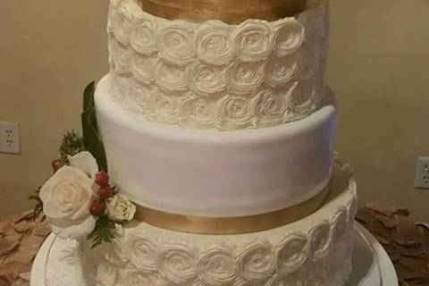 Stunning Pedestal Cake Design!  Featuring wafer paper flowers, gold leafing, and embossed stenciling.