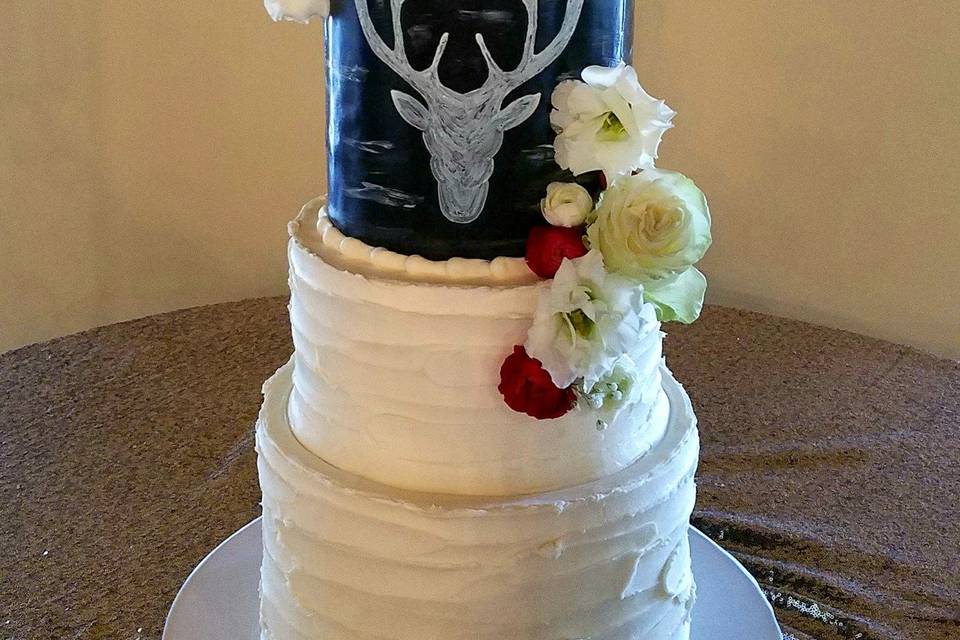 Deer silhouette chalkboard wedding cake, featuring double barrel tiers.