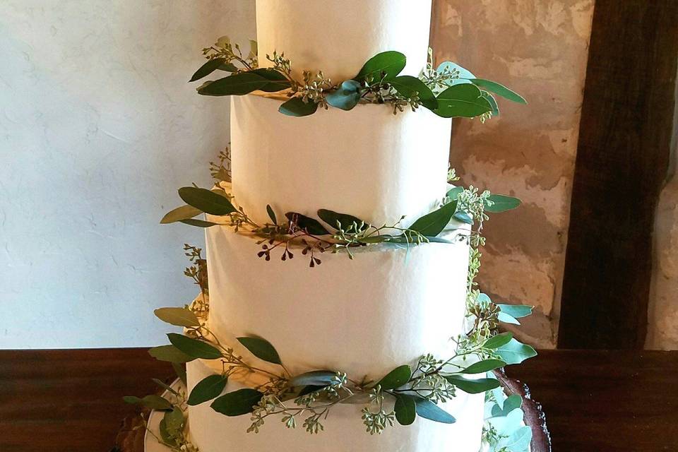 Classic Butter Cream made elegant rustic with eucalyptus leaves