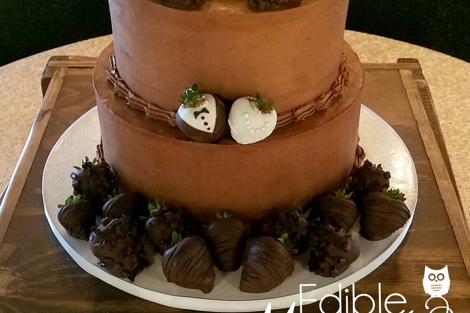 Classic Chocolate Butter Cream Groom's Cake with A&M logo with chocolate covered strawberries