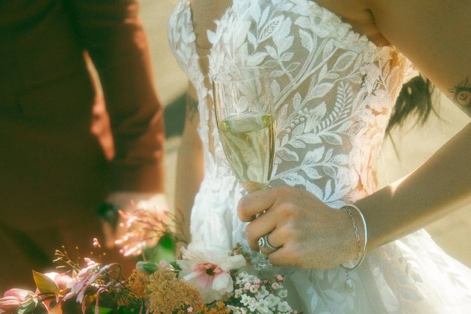 Bridal bouquet and champagne