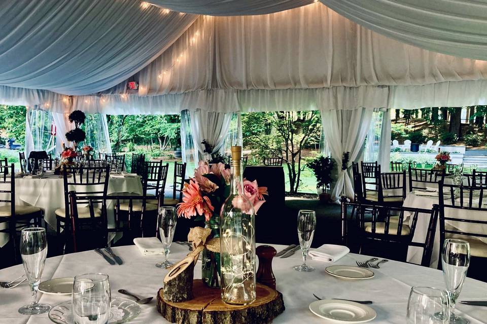 Tent with draping and lights