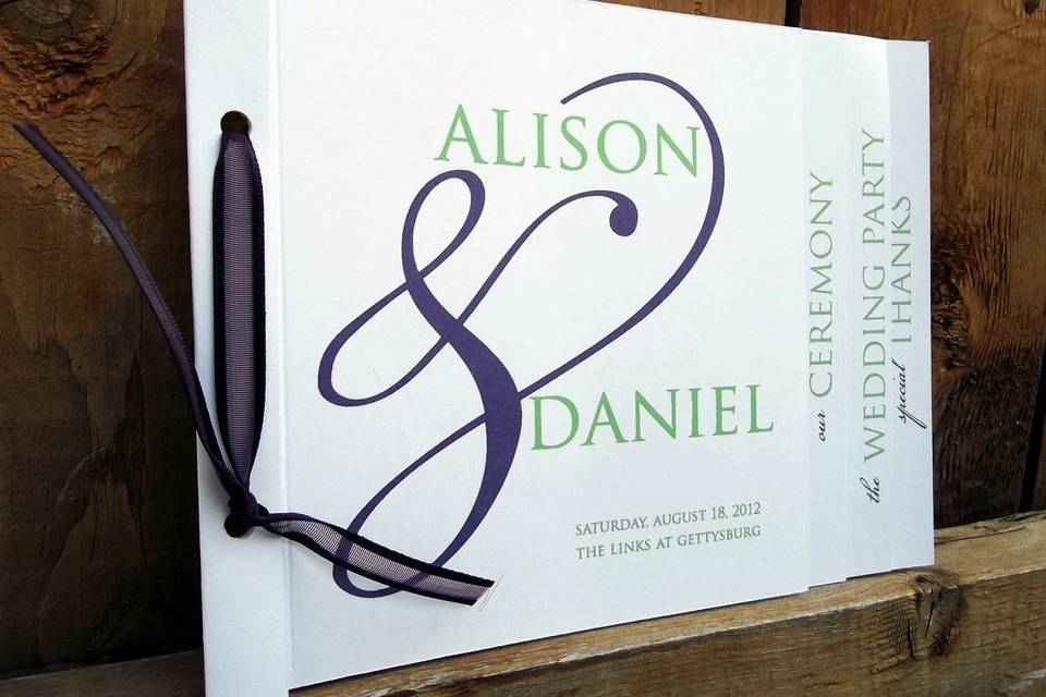 Alison & Daniel's WeddingHand-cut, folded and assembled programs took second stage only to the bride and groom. With their name front and center there was no way to miss who's wedding you were at. Three other pages described every detail of their wedding from the ceremony to the wedding party to a heartfelt thank you.