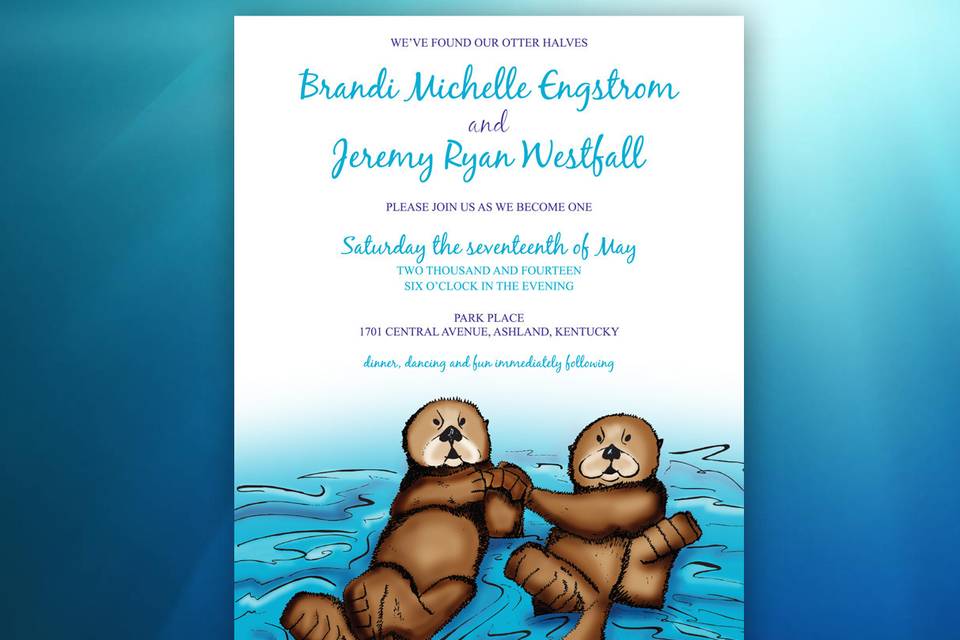 Brandi & Jeremy's WeddingA proposal in front of otters means they must be donned on the invitations! The otter illustration I created is almost as cute as this couple!