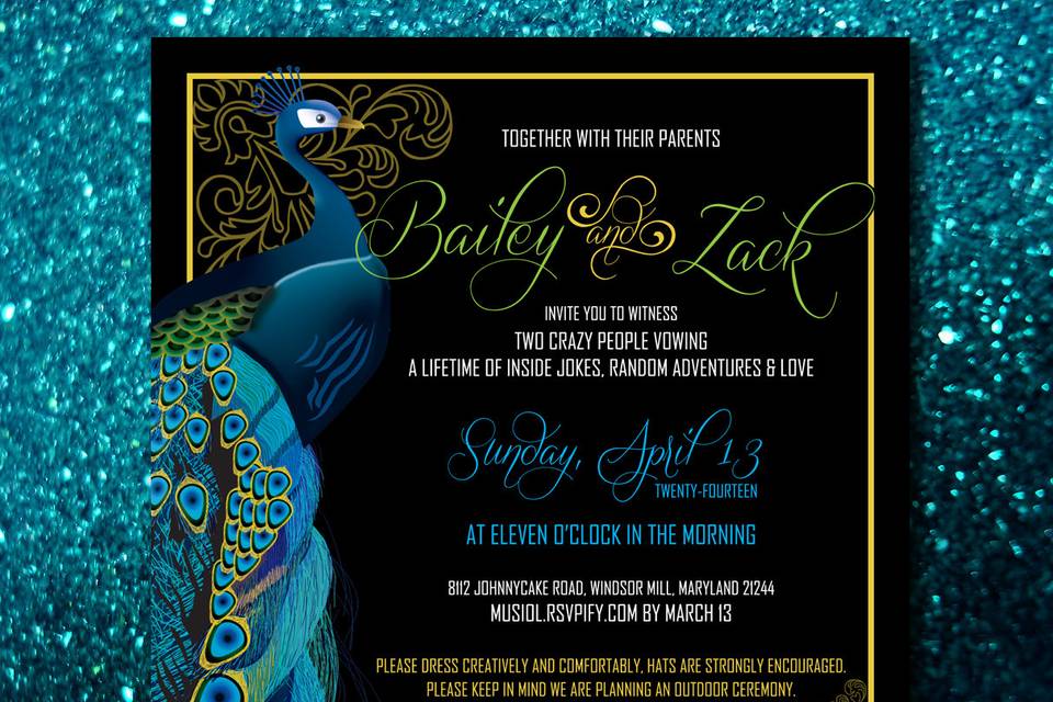 Bailey & Zack's WeddingFor a bride obsessed with peacocks there was no way to skip out on them! To save money we cut the invitation down to one double-sided card to include all of the information. Then designed a site with their peacock graphic in RSVPify for guests to register their attendance online.