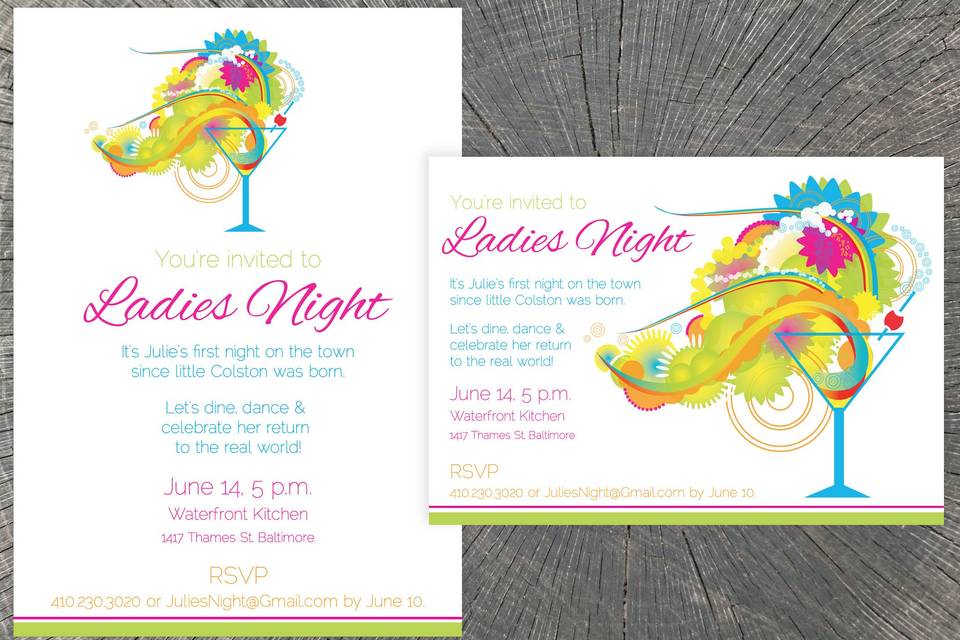 Ladies Night CocktailsDesigned both vertically and horizontally this cocktail illustration invitation is certain to bring all your ladies together.