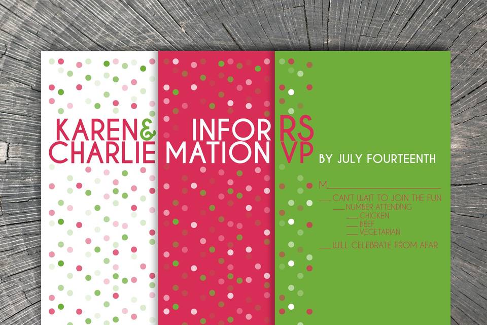 Karen & Charlie's WeddingFeaturing modern typography and energizing dots this invitation suite with matching programs was certain to show off just how fun the two of them are.