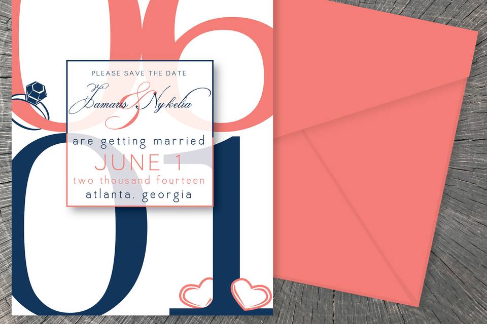 Nykelia & Jamaris'  Save-The-DatesMy most popular save-the-date, announcing upcoming nuptials in a bold, modern way.