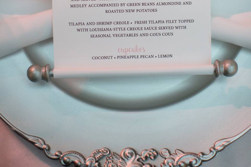 Custom wedding menu scrolls for a fairy tale wedding.