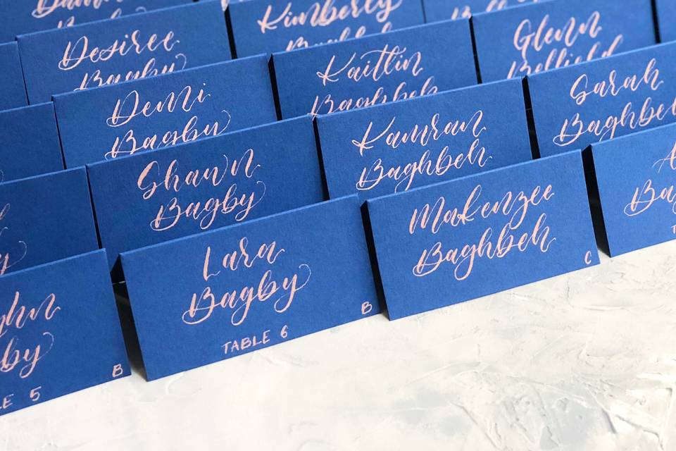 Escort cards, navy with blush pink calligraphy