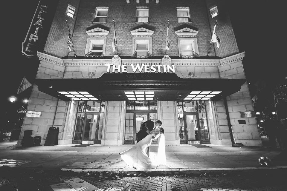 Black and white hotel at night