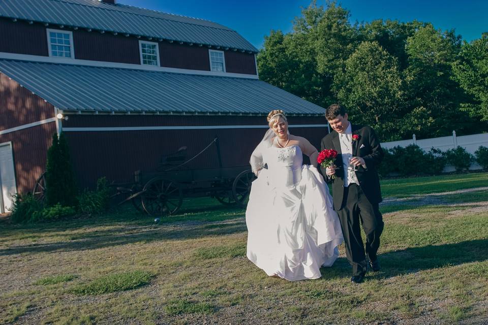 Bride and groom at farm weddin