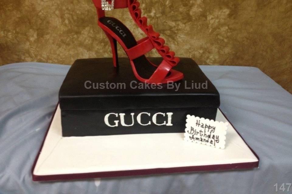 3 tier designer cake . Louis Vuitton high heel topper, Gucci top