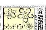 Flower Doodles~ cream colored RSVP postage stamps with adorably cute black flower doodles.