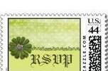 Scrap inspired polka dot green RSVP postage stamps with beautiful realistic looking stitching and a dark green flower to accent.