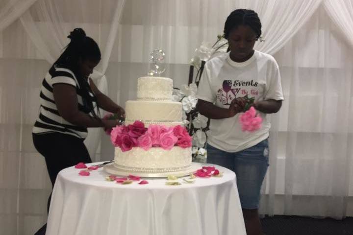 Assembling the wedding cake