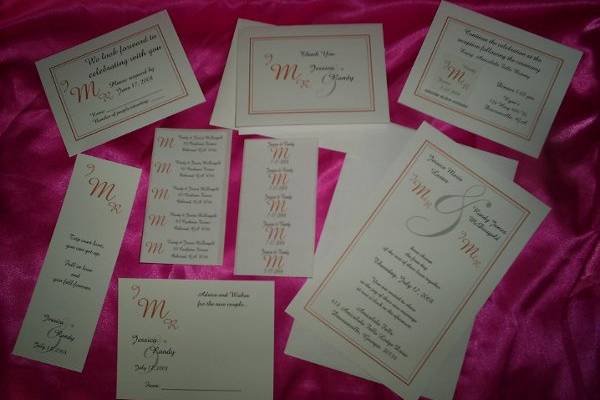 Tired of the high price of typical wedding invitations?
Get this package no matter where you are!  Ask me how! = )
For a package of 75 each it only costs $160 and you get 75: Customized (wording, colors and style) invites with envelopes, thank you cards with envelopes, reception cards with save the date calendar stickers, 