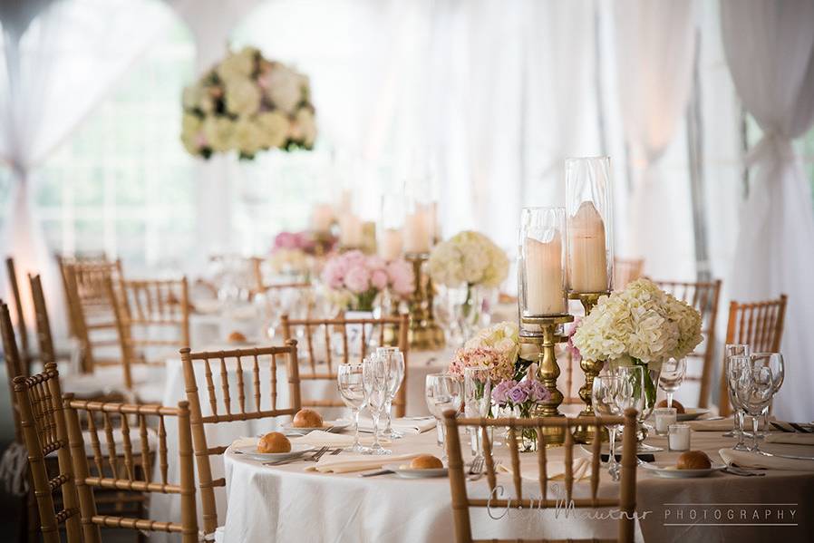 Reception table and floral centerpieces