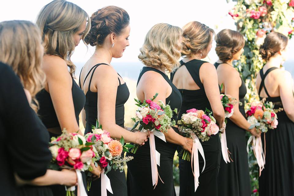 Matching bouquets Mary Costa Photography	Tricia Dahlgren Events	Terranea Resort	24/7 Events: Furniture + Prop Rentals	Suzie Moldavon: Make Up	Flawless Faces: Hair
