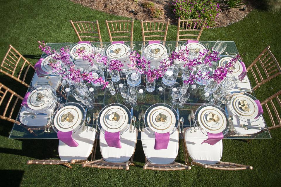 Our ghost tables make a statement at this glam al fresco outdoor dinner party!