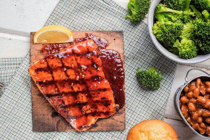 Cedar plank salmon and veggies