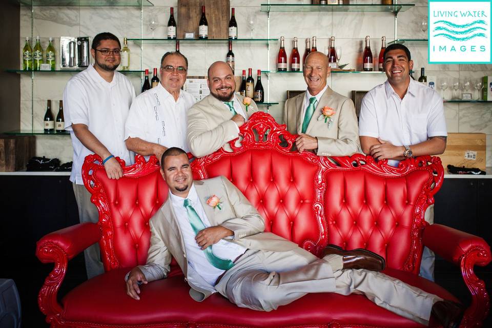 Groomsmen are chilling at the Wine-O by La Concha Hotel & Spa