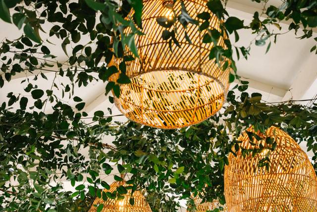 Hanging lanterns and greenery