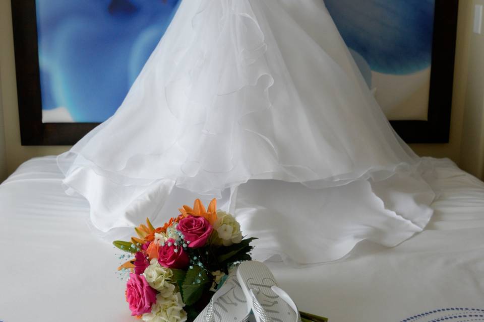 The wedding dress and flowers