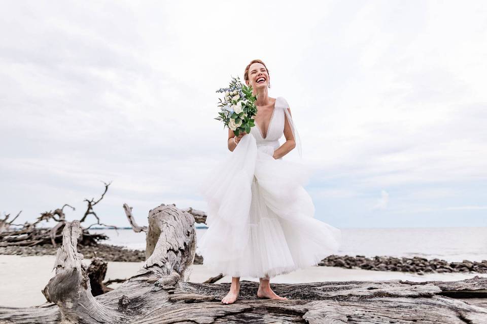 Elopement bride on the beach