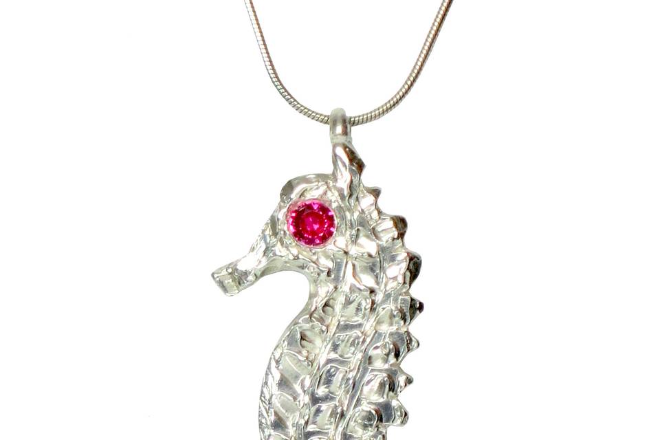 Ruby Seahorse Pendant Necklace in Sterling Silver