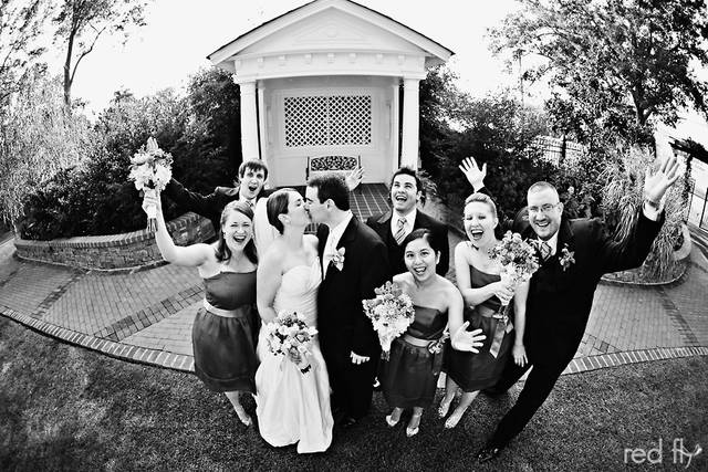 Wedding couple and guests