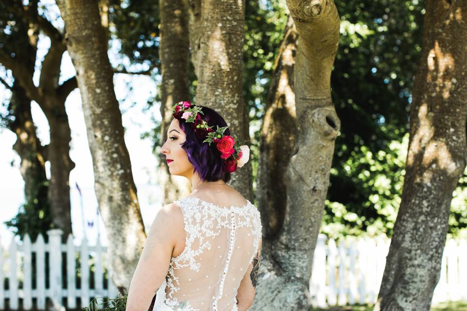 Purple hair, flower crown