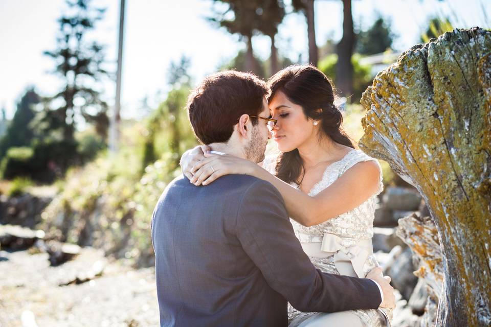 Bride and groom beach portrait