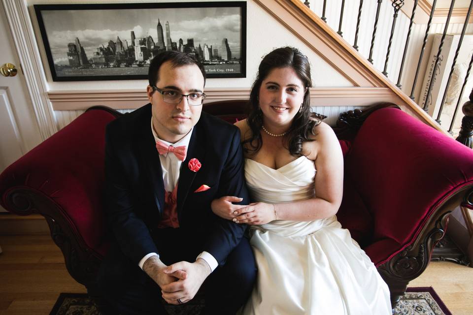 Vintage red couch portrait