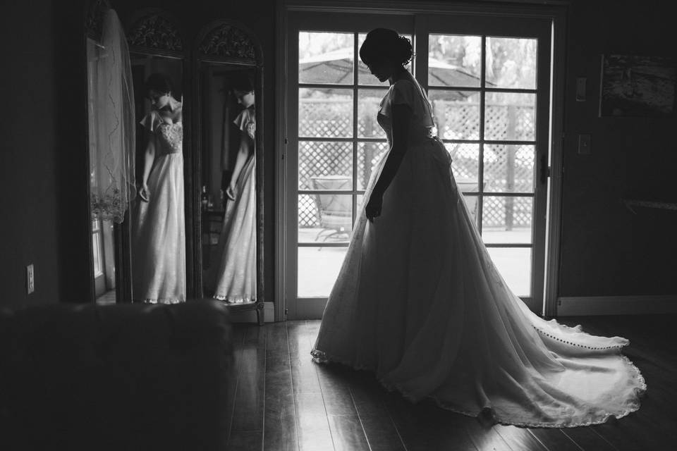 Bride looking in the mirror