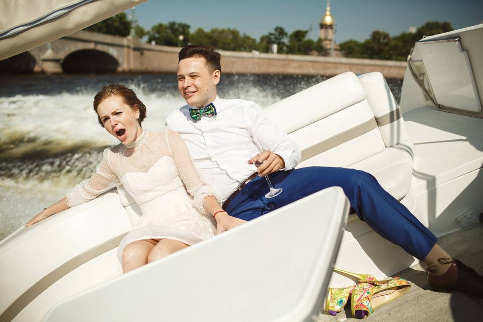 Newlyweds in a boat