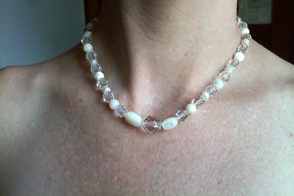 This necklaceis made of clear crystals, and Mother of Pearls, Next pic. will show you the chain and clasp that hangs in back.