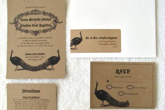 {Vintage Peacock} Wedding Invitation Suite
(Printed on recycled kraft heavy cardstock)
*Invitation
*Information Card
*RSVP with envelope and wrap-around kraft label
*Envelope with wrap-around kraft label
http://www.etsy.com/listing/69159025/vintage-peacock-wedding-invitation-suite