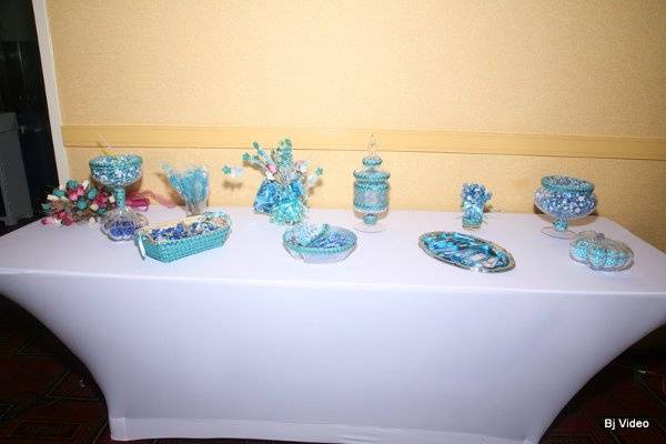Fountain Centerpiece, Turquoise Candles, Lucky Bamboo FavorsAll made to match brides dress