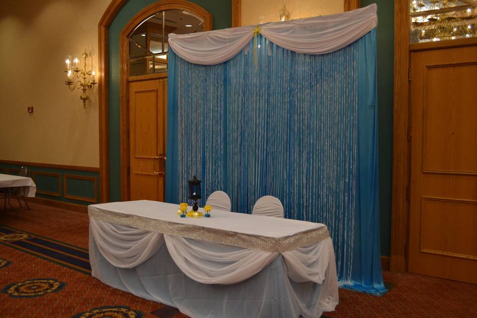Turquoise & White Wedding Backdrop and table draping