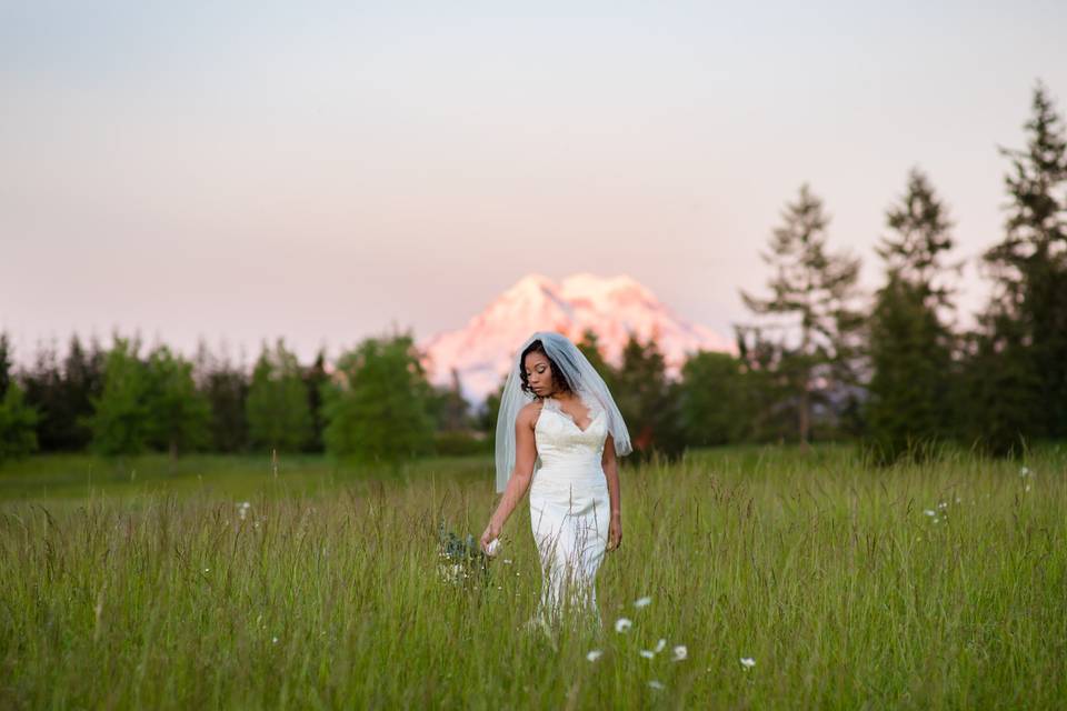 Bridal session with stunning Mt. Rainier views.