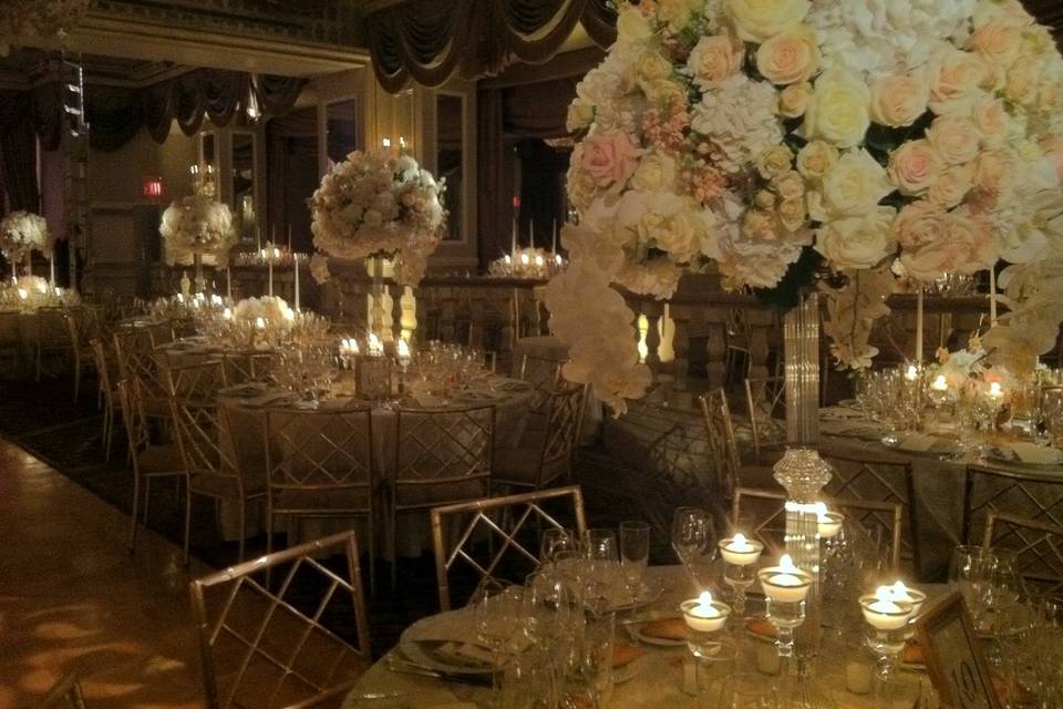 Stunning floral and room decor by Diana Gould ltd at NY's historic Pierre Hotel.