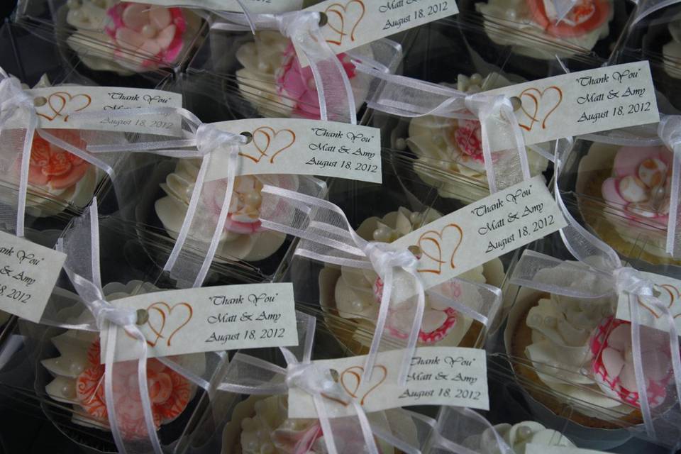 Cupcake Favors - individually boxed with personalized tags, tied with white organza ribbon