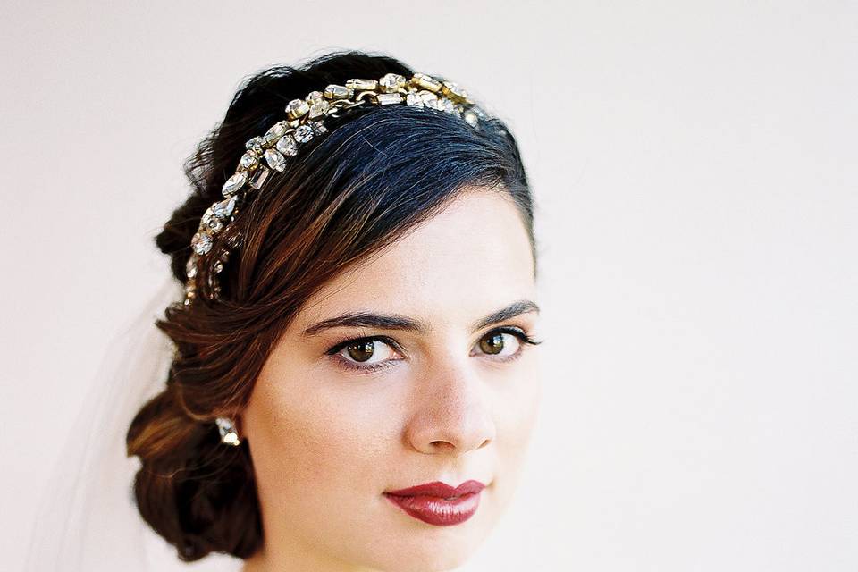 Bridal hair with floral hairband and red lip