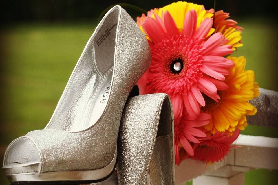 Bridal shoes and bouquet