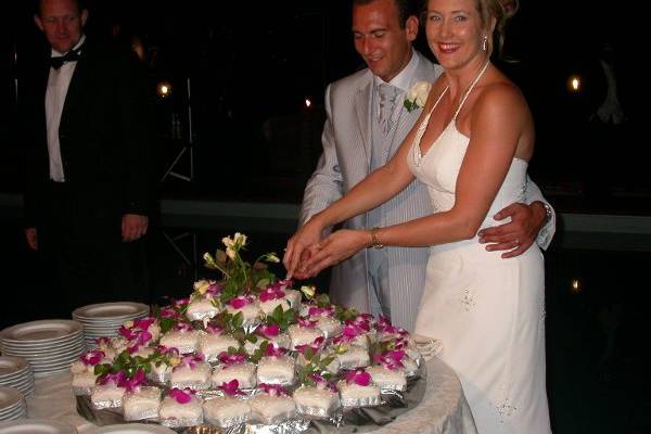 bRIDAL COUPLE AND WEDDING CAKE
