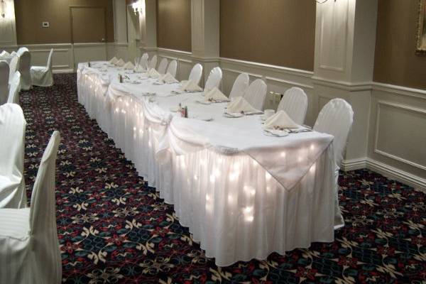 Twinkle lights come courtesy of the Holiday Inn Downtown for the head table, cake table, cookie table, and fountain tables.