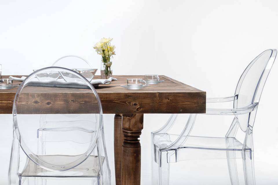 Ghost Victorian Chairs with our Rustic Farm Table.