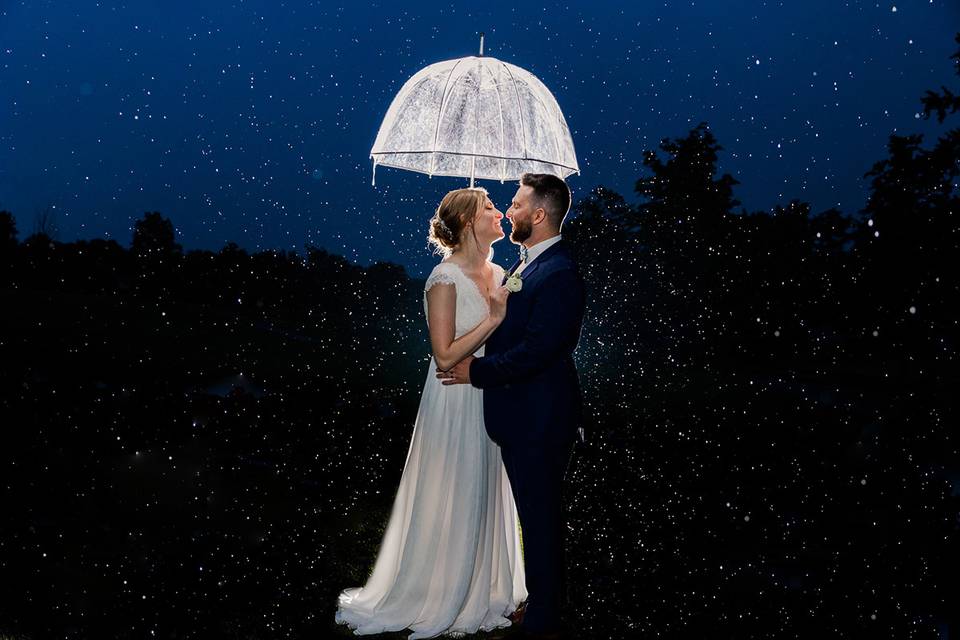 Bride and Groom in Rain