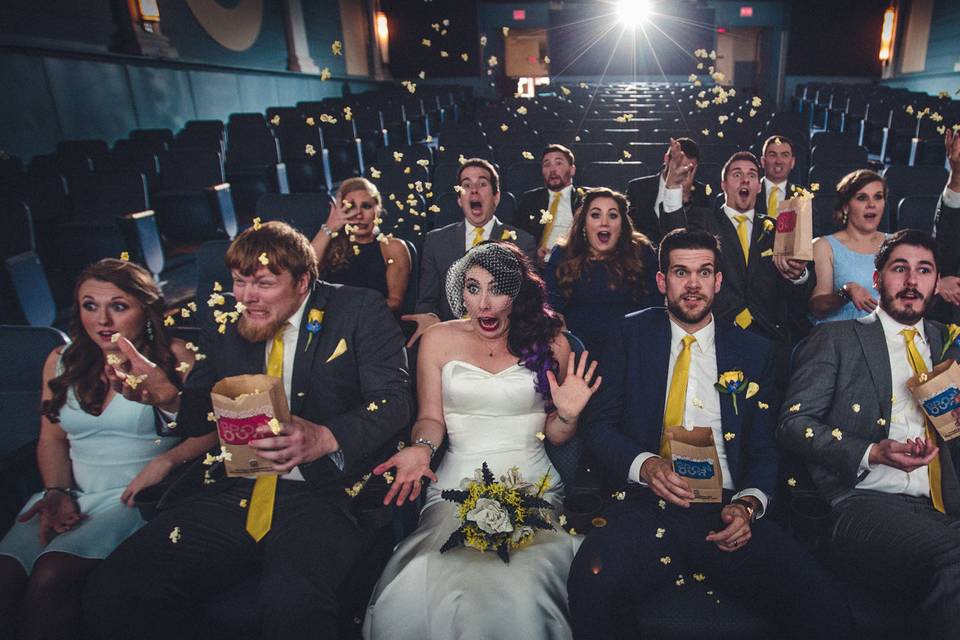 Movie theater wedding party.